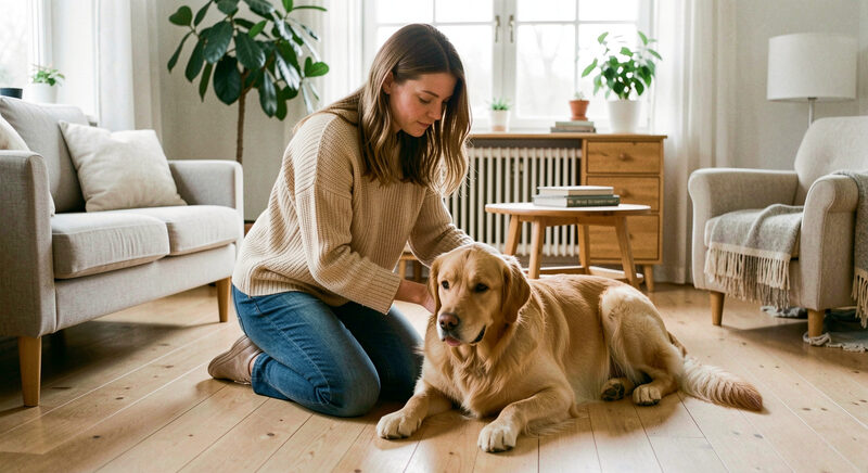 En kvinde knæler på et lyst trægulv i en dansk stue og kærtegner en rolig golden retriever