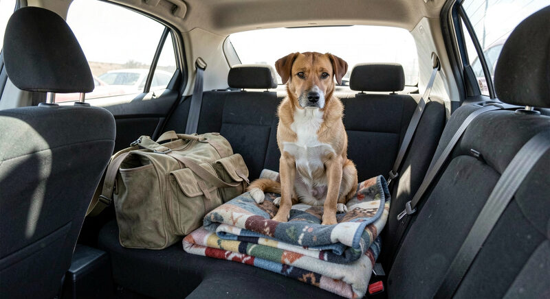 En hund sidder i en bil på et tæppe ved siden af en rejsetaske og et pas